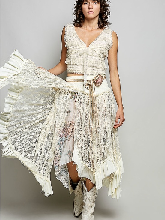 Dresses & Skirts - Ivory Asymmetrical Lace Maxi Skirt with Ruffled Hem